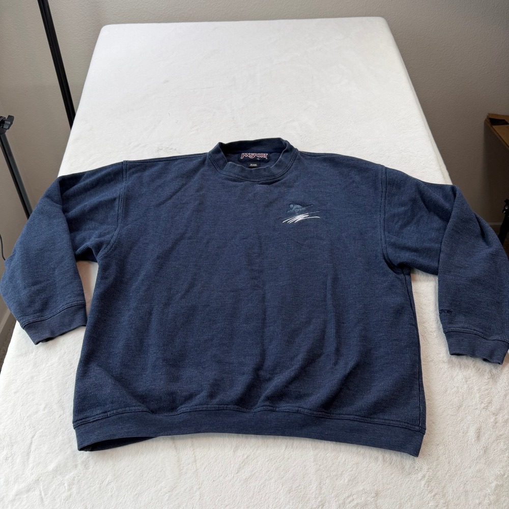 Jansport Ribbed Pullover Sweatshirt Mens XL Navy Blue Good Embroidered Skier 90s